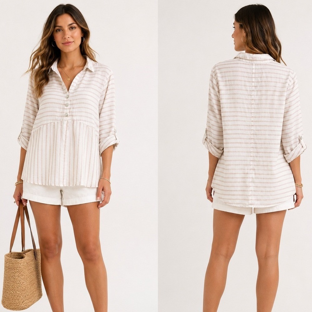 Habitat Clothes To Live In 100% Linen Stripe Tunic Shirt Women's Medium Roll Tab
